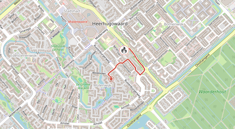 Kaart van de omgeving van de melding, met de kazerne die is gealarmeerd