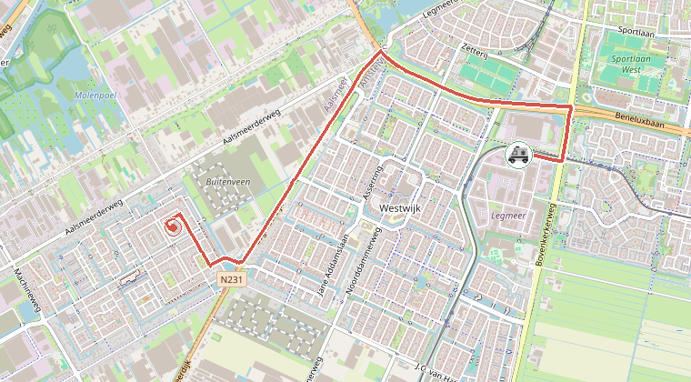 Kaart van de omgeving van de melding, met de kazerne die is gealarmeerd