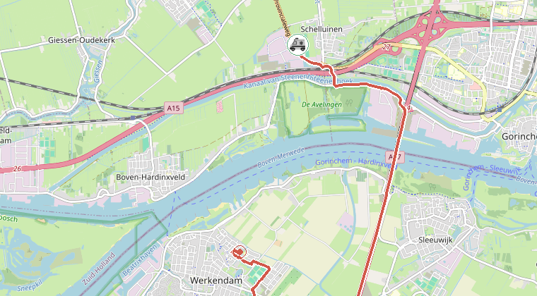 Kaart van de omgeving van de melding, met de kazerne die is gealarmeerd