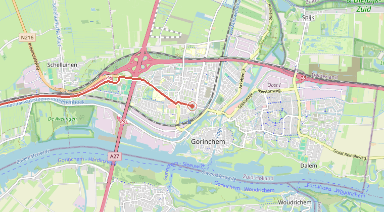 Kaart van de omgeving van de melding, met de kazerne die is gealarmeerd