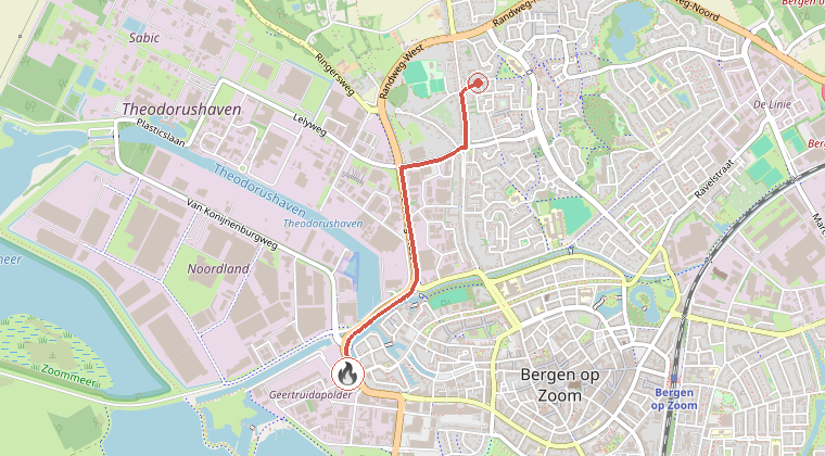 Kaart van de omgeving van de melding, met de kazerne die is gealarmeerd