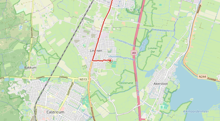 Kaart van de omgeving van de melding, met de kazerne die is gealarmeerd