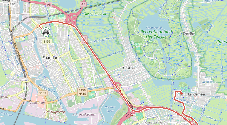 Kaart van de omgeving van de melding, met de kazerne die is gealarmeerd