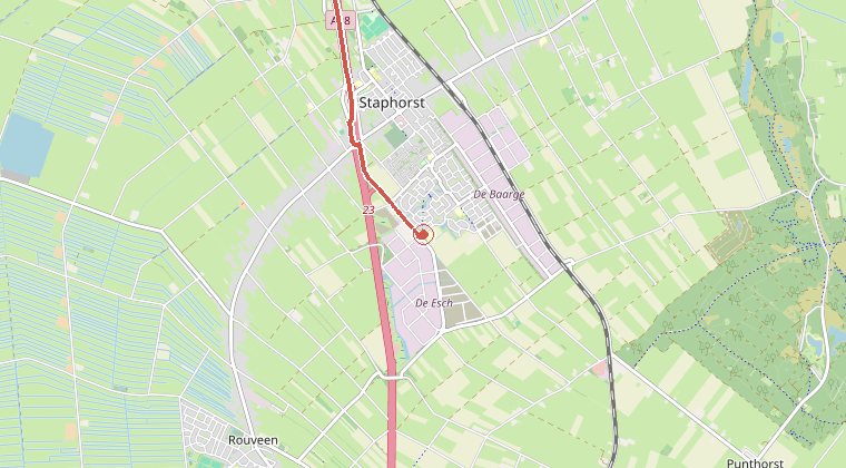 Kaart van de omgeving van de melding, met de kazerne die is gealarmeerd