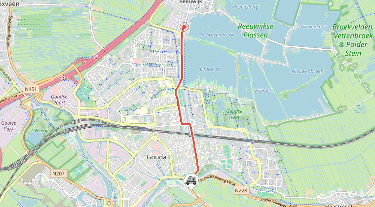 Kaart van de omgeving van de melding, met de kazerne die is gealarmeerd