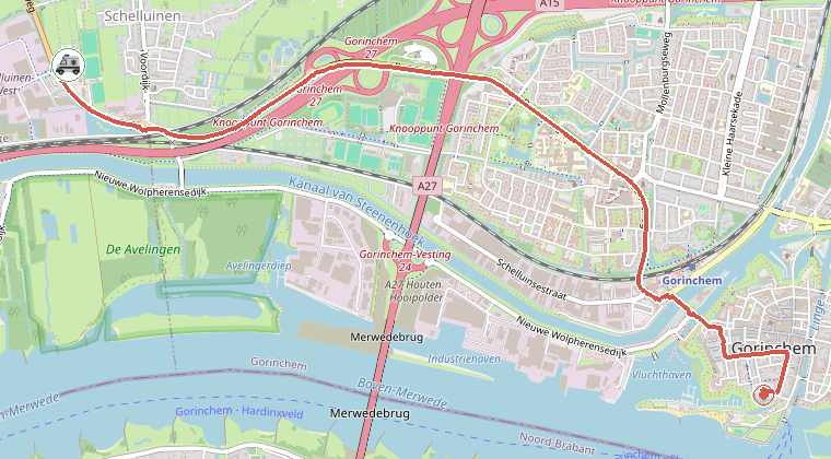 Kaart van de omgeving van de melding, met de kazerne die is gealarmeerd