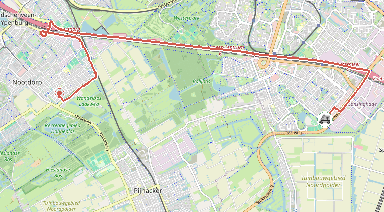 Kaart van de omgeving van de melding, met de kazerne die is gealarmeerd