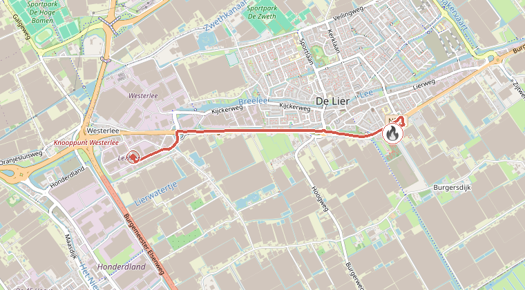 Kaart van de omgeving van de melding, met de kazerne die is gealarmeerd