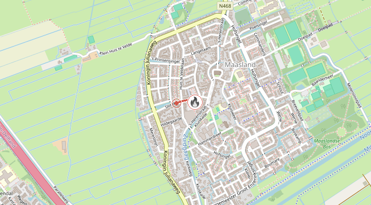 Kaart van de omgeving van de melding, met de kazerne die is gealarmeerd