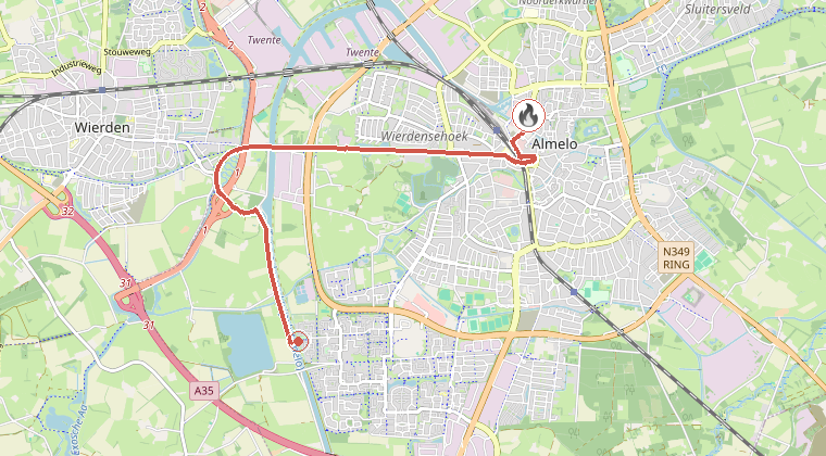 Kaart van de omgeving van de melding, met de kazerne die is gealarmeerd