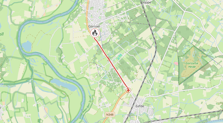 Kaart van de omgeving van de melding, met de kazerne die is gealarmeerd