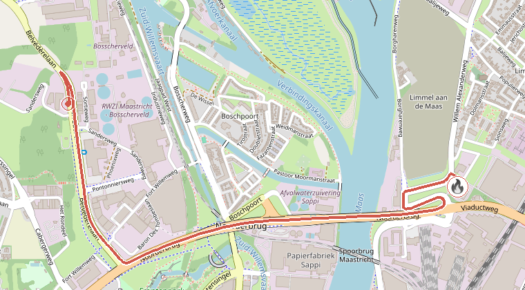Kaart van de omgeving van de melding, met de kazerne die is gealarmeerd