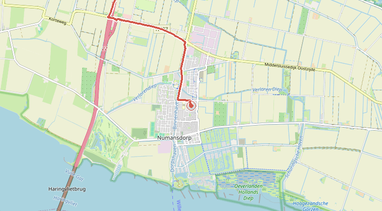 Kaart van de omgeving van de melding, met de kazerne die is gealarmeerd