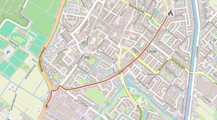 Kaart van de omgeving van de melding, met de kazerne die is gealarmeerd