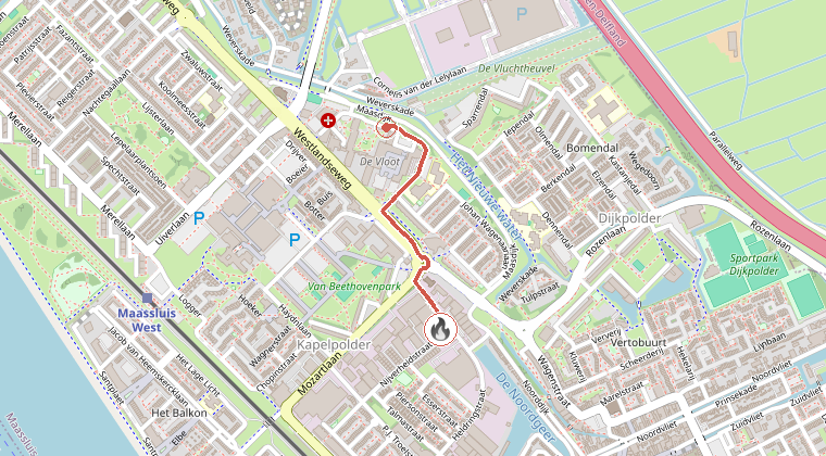 Kaart van de omgeving van de melding, met de kazerne die is gealarmeerd