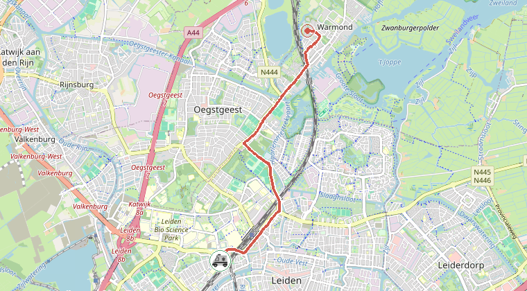 Kaart van de omgeving van de melding, met de kazerne die is gealarmeerd