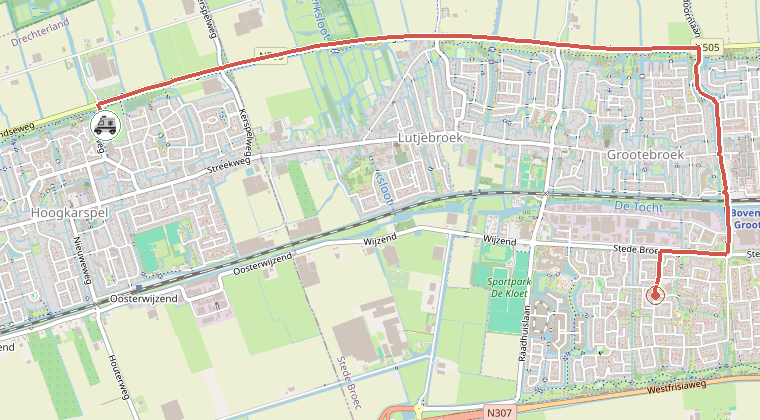 Kaart van de omgeving van de melding, met de kazerne die is gealarmeerd