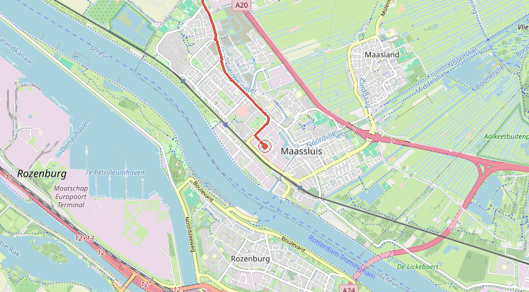 Kaart van de omgeving van de melding, met de kazerne die is gealarmeerd