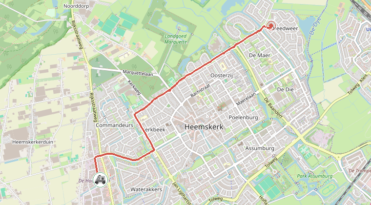 Kaart van de omgeving van de melding, met de kazerne die is gealarmeerd