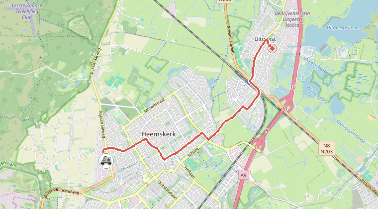 Kaart van de omgeving van de melding, met de kazerne die is gealarmeerd