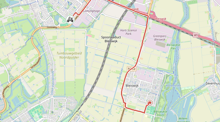 Kaart van de omgeving van de melding, met de kazerne die is gealarmeerd