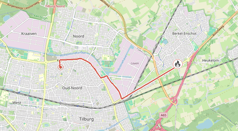 Kaart van de omgeving van de melding, met de kazerne die is gealarmeerd