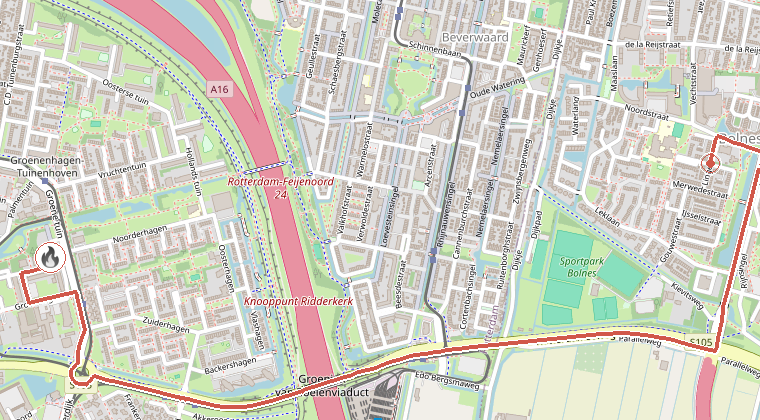 Kaart van de omgeving van de melding, met de kazerne die is gealarmeerd