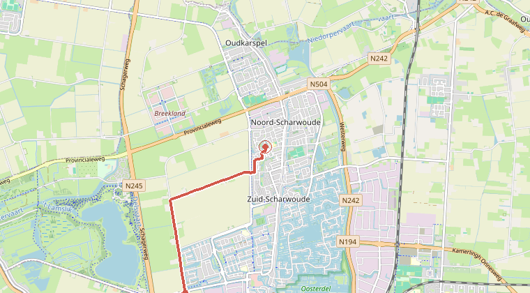 Kaart van de omgeving van de melding, met de kazerne die is gealarmeerd