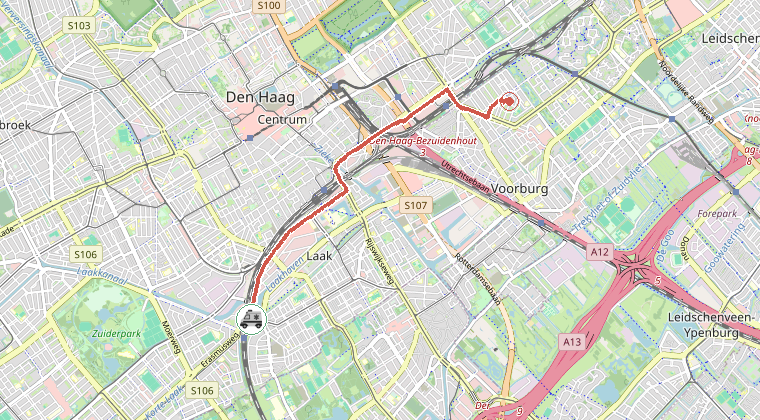 Kaart van de omgeving van de melding, met de kazerne die is gealarmeerd