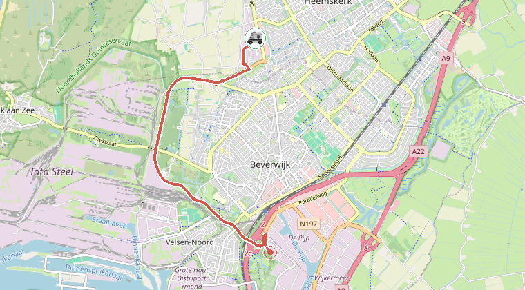 Kaart van de omgeving van de melding, met de kazerne die is gealarmeerd