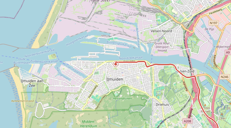 Kaart van de omgeving van de melding, met de kazerne die is gealarmeerd