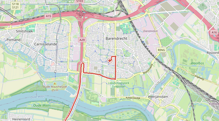 Kaart van de omgeving van de melding, met de kazerne die is gealarmeerd