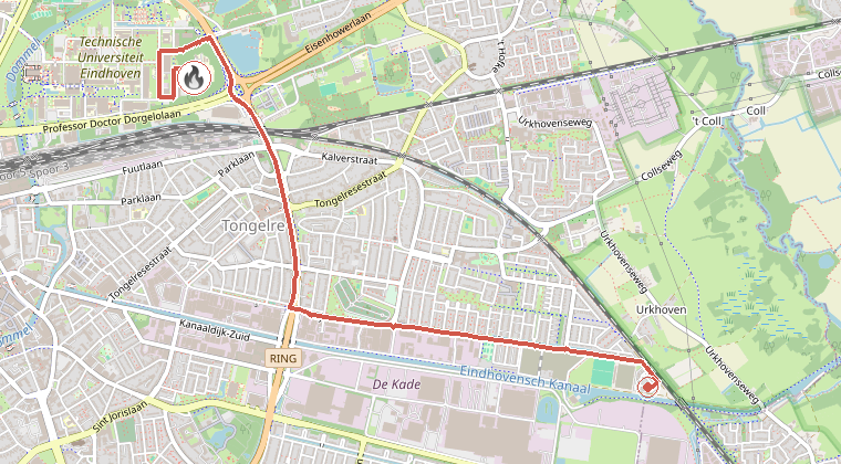 Kaart van de omgeving van de melding, met de kazerne die is gealarmeerd