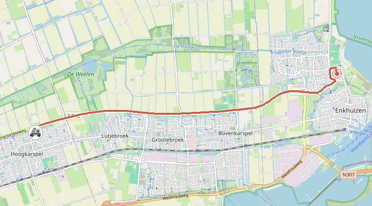 Kaart van de omgeving van de melding, met de kazerne die is gealarmeerd