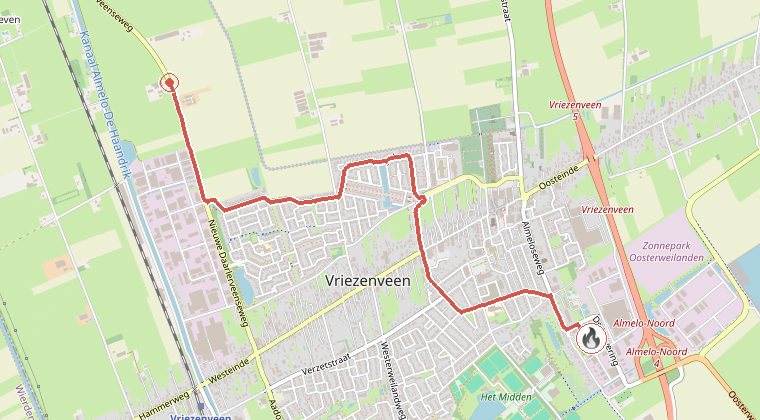 Kaart van de omgeving van de melding, met de kazerne die is gealarmeerd