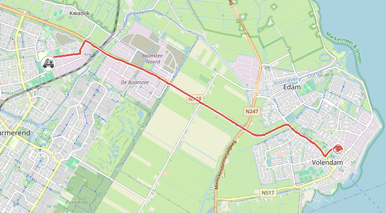 Kaart van de omgeving van de melding, met de kazerne die is gealarmeerd