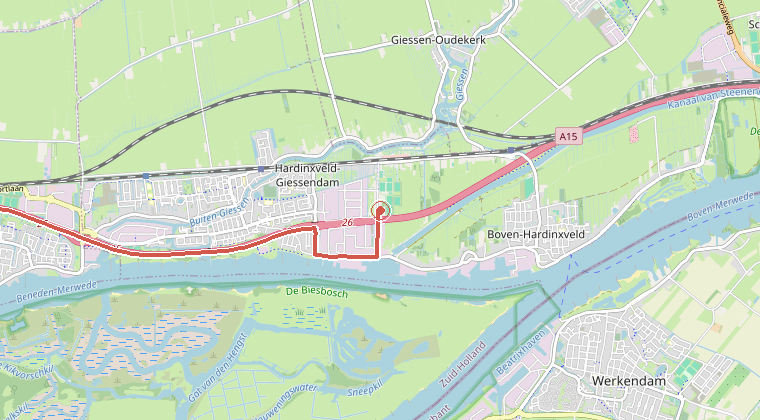 Kaart van de omgeving van de melding, met de kazerne die is gealarmeerd