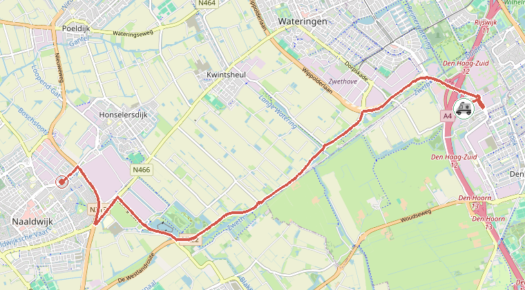 Kaart van de omgeving van de melding, met de kazerne die is gealarmeerd