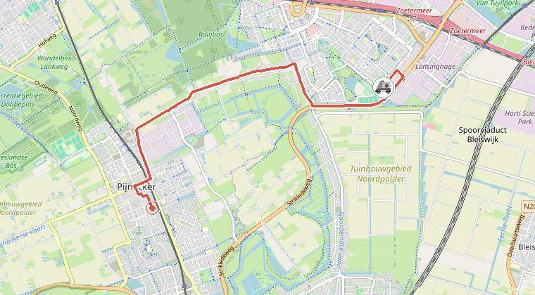 Kaart van de omgeving van de melding, met de kazerne die is gealarmeerd
