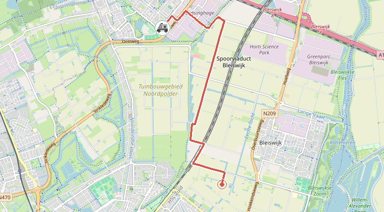 Kaart van de omgeving van de melding, met de kazerne die is gealarmeerd