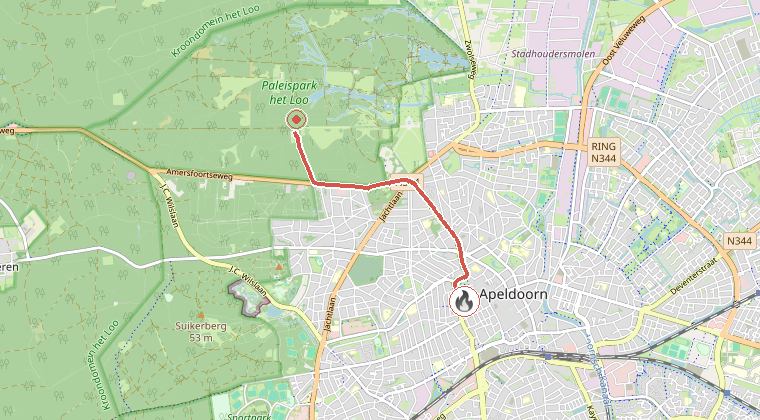 Kaart van de omgeving van de melding, met de kazerne die is gealarmeerd