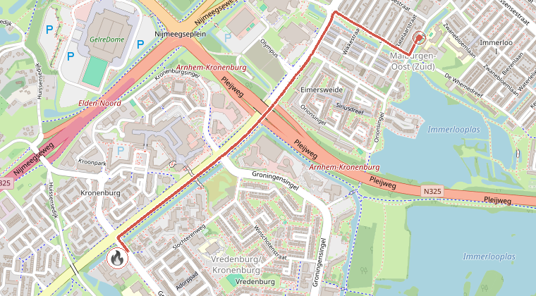 Kaart van de omgeving van de melding, met de kazerne die is gealarmeerd