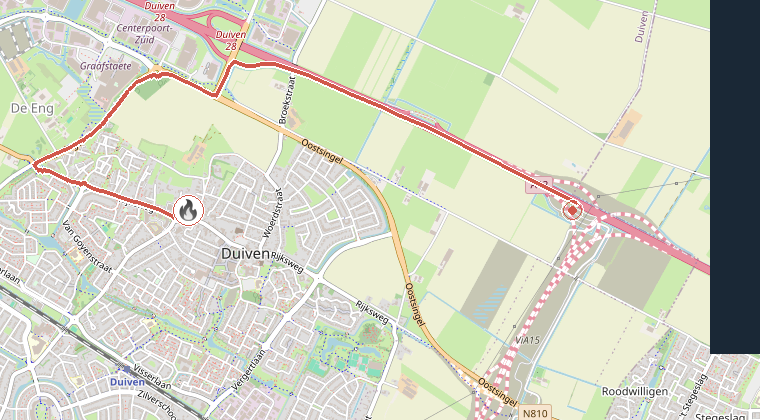 Kaart van de omgeving van de melding, met de kazerne die is gealarmeerd