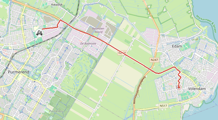 Kaart van de omgeving van de melding, met de kazerne die is gealarmeerd