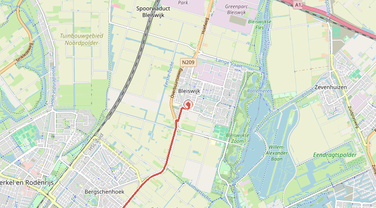 Kaart van de omgeving van de melding, met de kazerne die is gealarmeerd