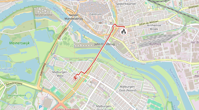 Kaart van de omgeving van de melding, met de kazerne die is gealarmeerd