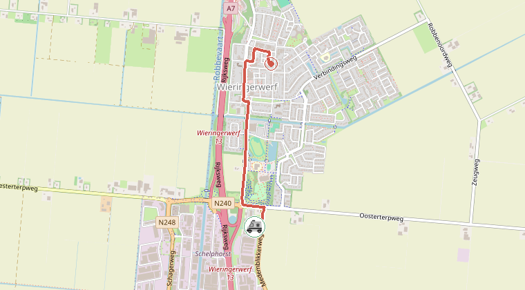Kaart van de omgeving van de melding, met de kazerne die is gealarmeerd