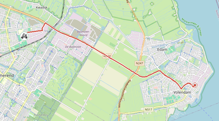 Kaart van de omgeving van de melding, met de kazerne die is gealarmeerd