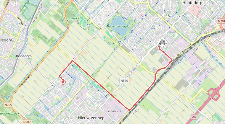 Kaart van de omgeving van de melding, met de kazerne die is gealarmeerd