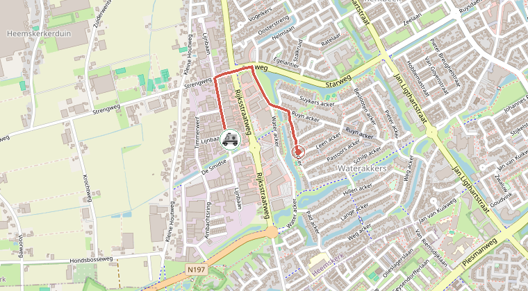 Kaart van de omgeving van de melding, met de kazerne die is gealarmeerd